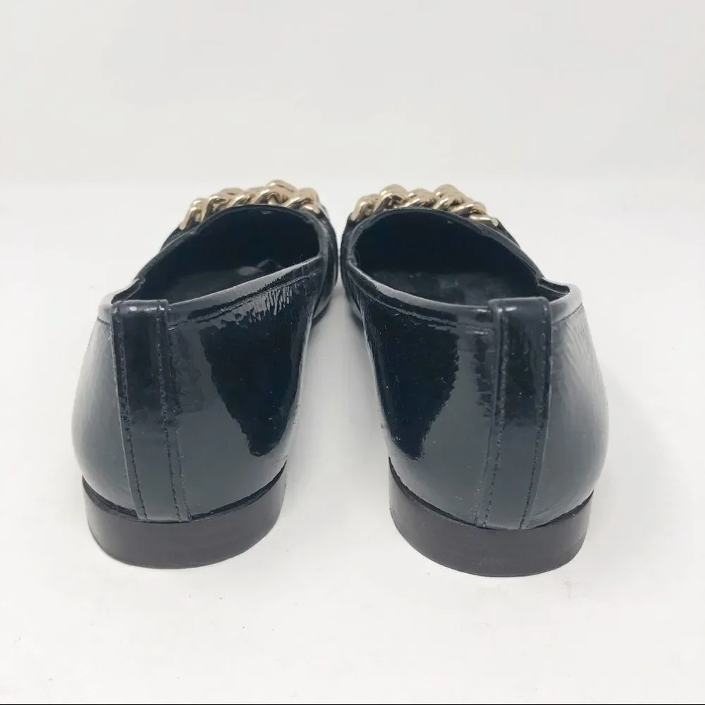 TORY BURCH | Hana Black Patent Leather Flats Gold Chains 5.5